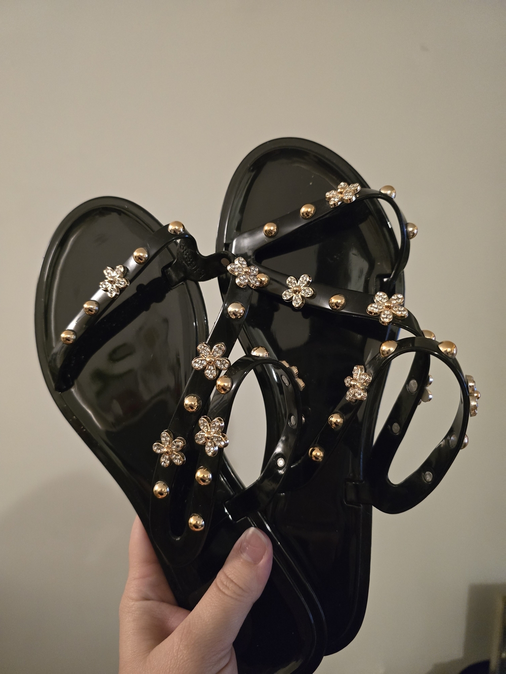 Marshalls Black Jelly Sandals with Gold Floral Studs